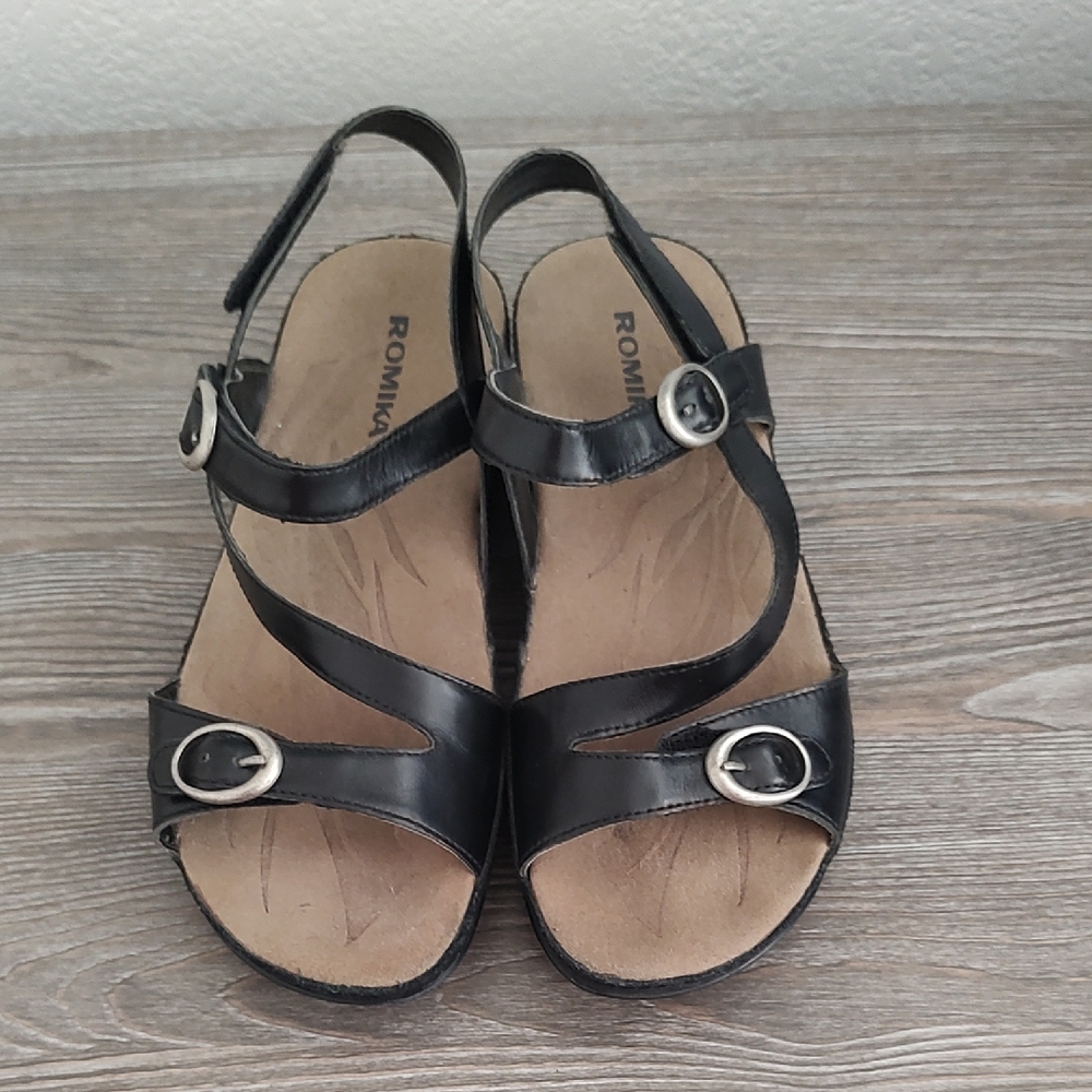 Romika Sz 37 / 6 / 6.5 Fidschi Black Leather Sandals Arch Support Low Wedge
